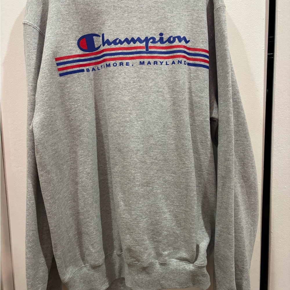 Champion Gray Crewneck Men's Sweater with Blue and Red Accents